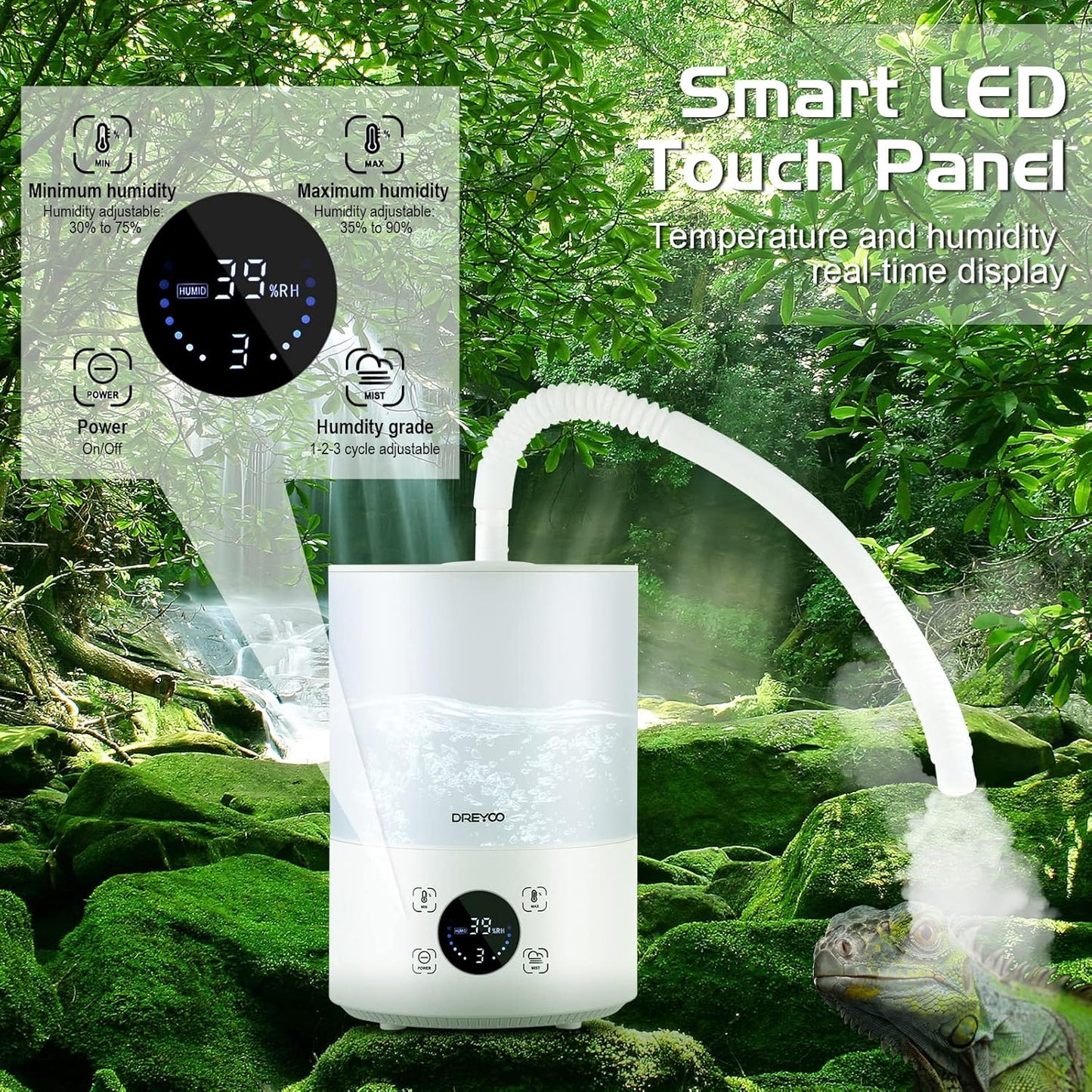 Smart Reptile Fogger Humidifiers with Humidity Control, Reptile Terrarium Humidifier Smart Touch, 3 Grades Adjustable Fogger with Hose for Reptile Amphibians Herps Snakes Plants