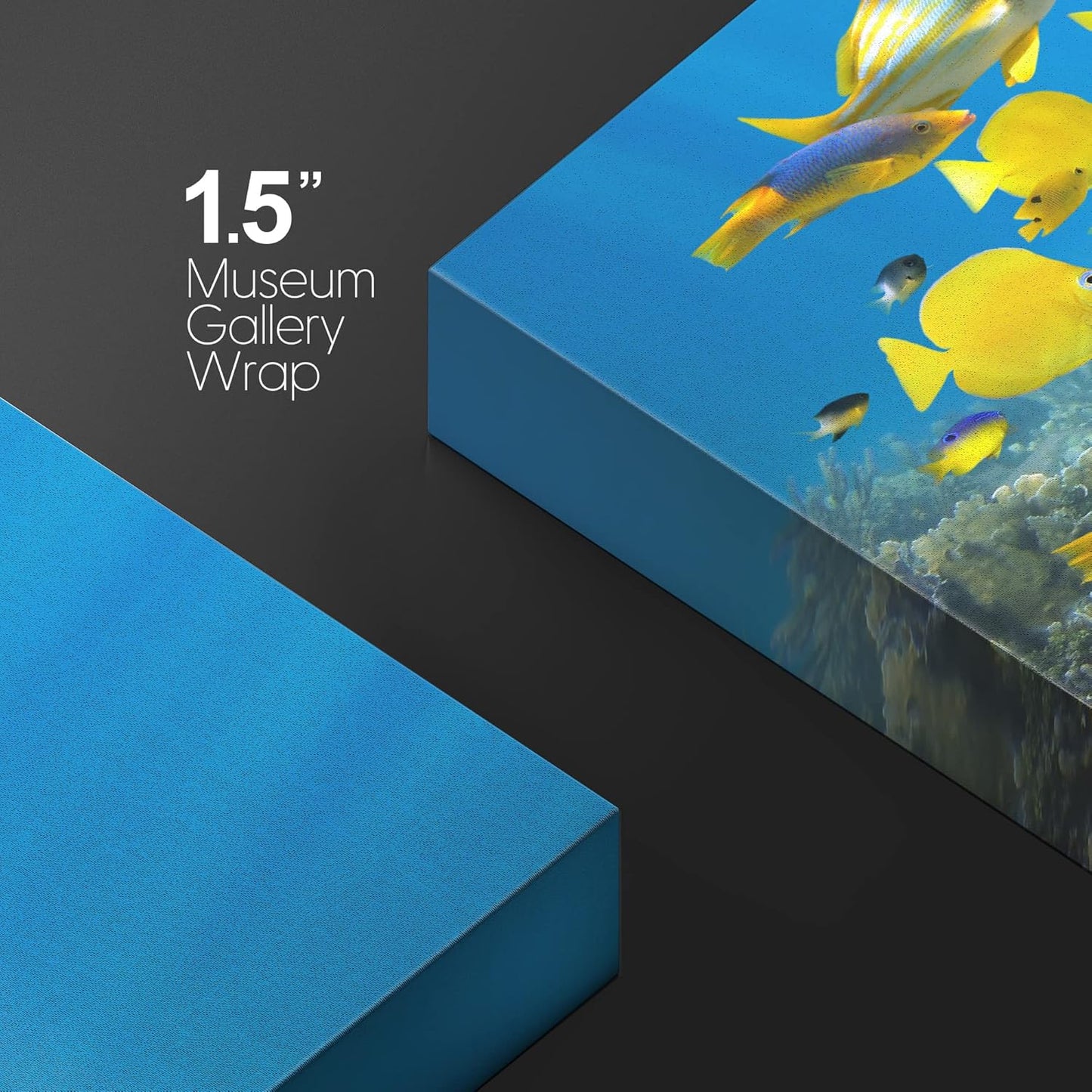 wall26 Canvas Print Wall Art Yellow School of Fish with Blue Coral Reef Nature Ocean Photography Realism Nautical Scenic Relax/Calm Multicolor Ultra for Living Room, Bedroom, Office - 32"x48"