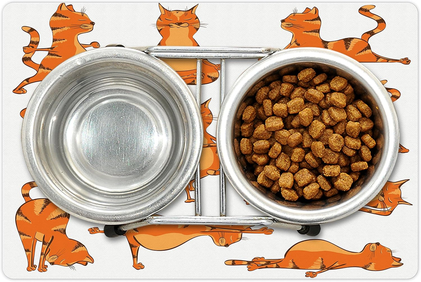 Lunarable Cat Pet Mat for Food and Water, Cats Doing Funny Fitness Exercises and Flexibility Position Sports Stretch Gymnastics, Non-Slip Rubber Mat for Dogs and Cats, 18" X 12", Orange White