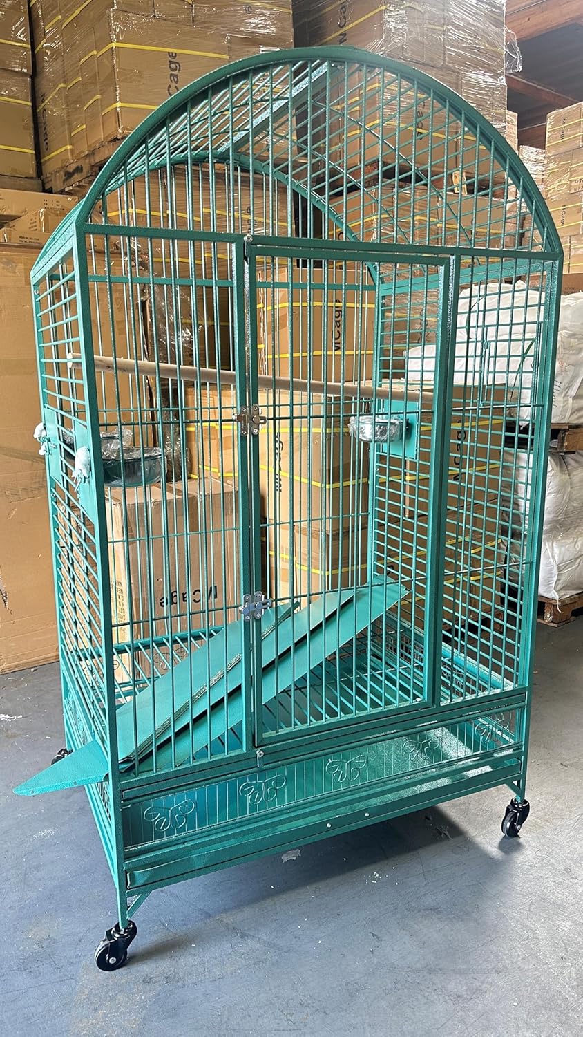 XX Large DomeTop Wrought Iron Bird Parrot Cage, 40"x30"x66.5"H, 6mm Extra Strong Wire (Green Vein)