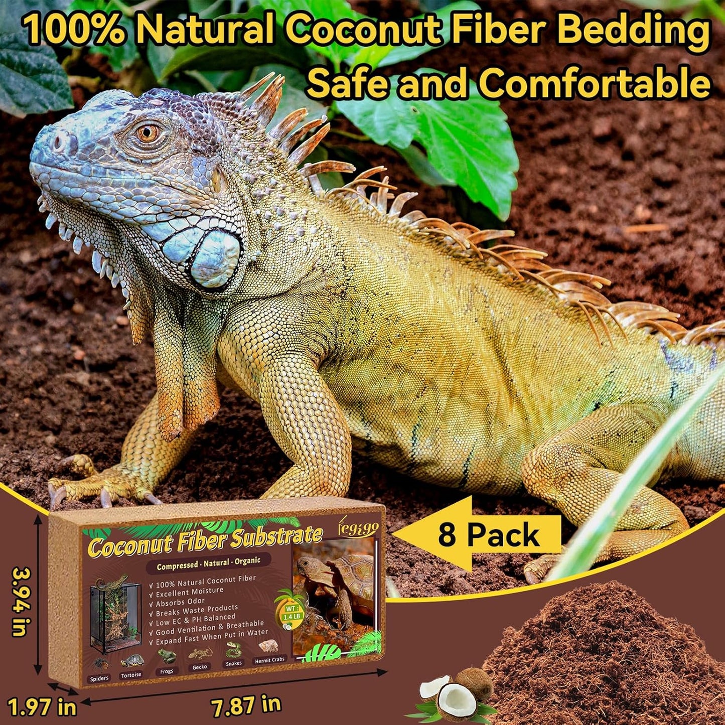Legigo 8 Pack Compressed Coconut Fiber Substrate - 100% Organic Coconut Fiber Brick Bedding for Reptiles, Natural Coco Husk Substrate Terrarium Bedding for Snake, Hermit Crabs, Frogs, Tortoise, Gecko
