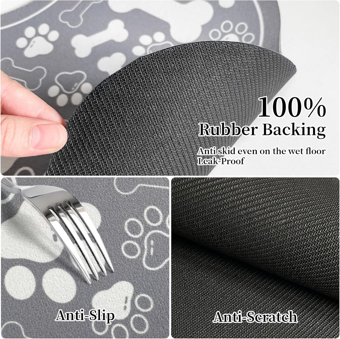 Dog & Cat Food Mat Bone Shaped Pet Feeding Mat Quick Absorb Water Bowl Placemat with Rubber Backing Indoor Floor Stain Resistant Pet Accessory Supplies (Grey Small, 12x18 Inches)