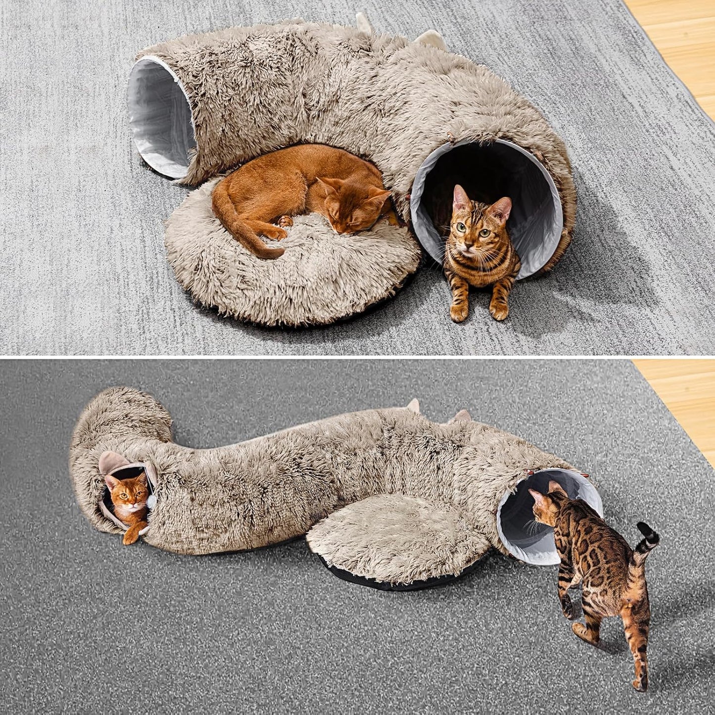 Cat Tunnel with Cat Bed for Indoor Cats, Soft Plush Peekaboo Cat Cave Donut Tunnel, Multifunctional Playground Toys Hideplace for Small Medium Large Kittens, Rabbit, Ferret, Brown
