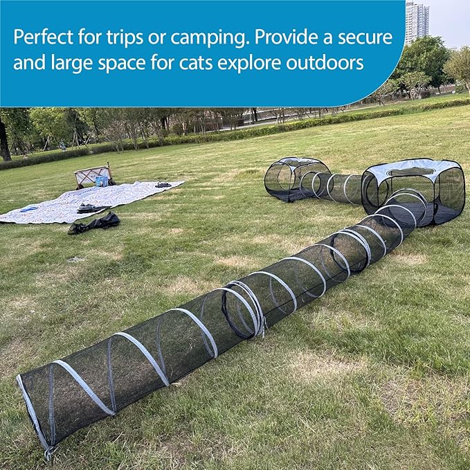 Large Outdoor Cat Tunnel and Tent Playpen - Pop Up Enclosure for Multiple Cats - Portable Outside Playhouse for Small Pets