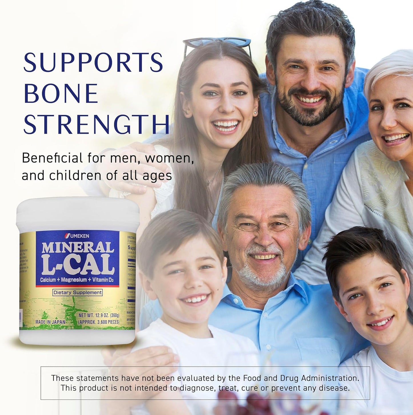 Umeken Mineral L-Cal Calcium with Vitamin D3, 6 Month Supply, Water Soluble Ball Format with Magnesium & Minerals, Fast Absorbing Calcium Magnesium D3 Supplement, 3,600 Balls, 360g, Pack of 1