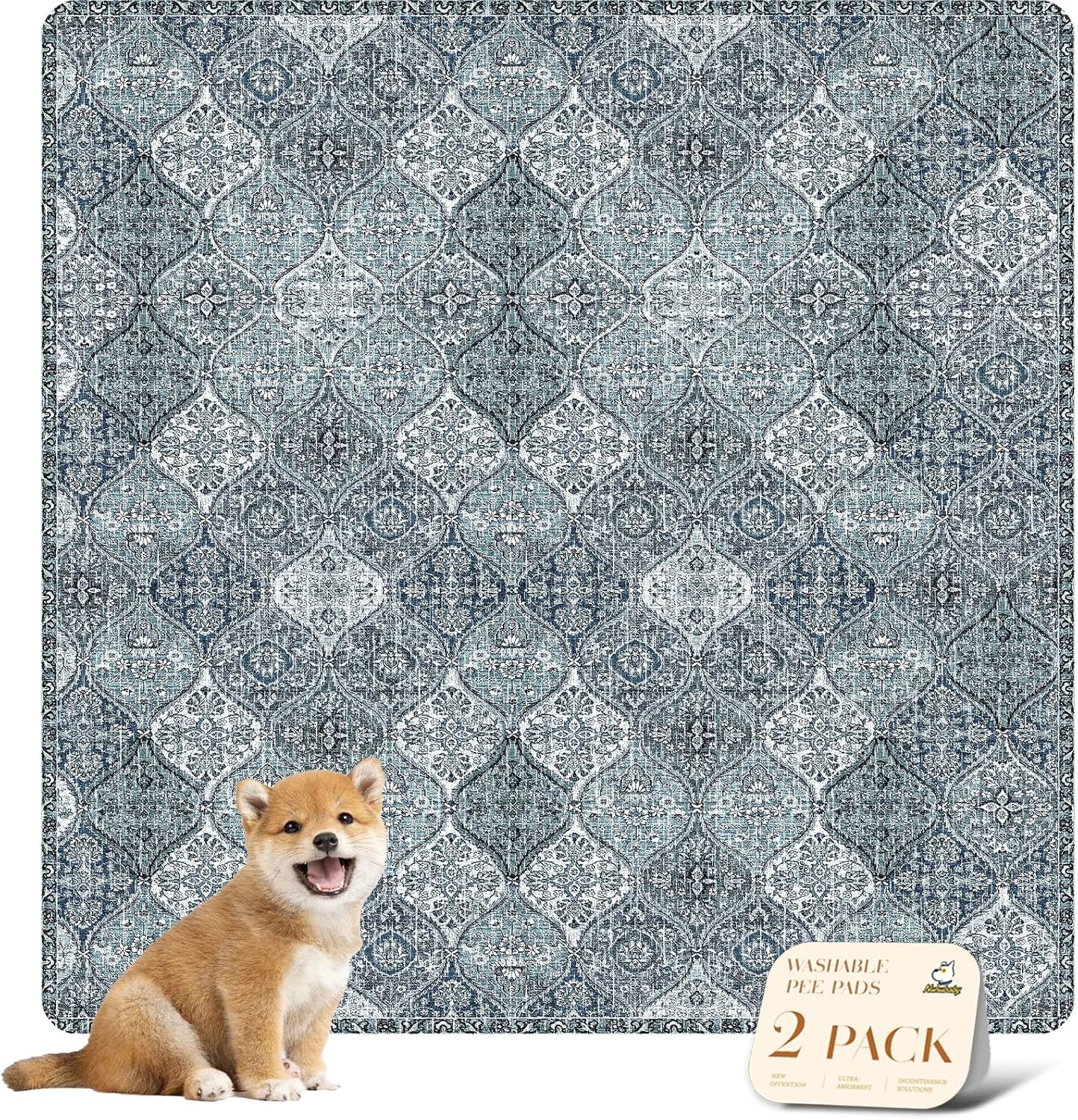 nunubaby Washable Pee Pads for Dogs, Stylish, Non-Slip and Leak-Proof Pee Pads. Reusable Potty Pads for Dogs for Crates and Floors.(Blue/Multi, 48" x48" )