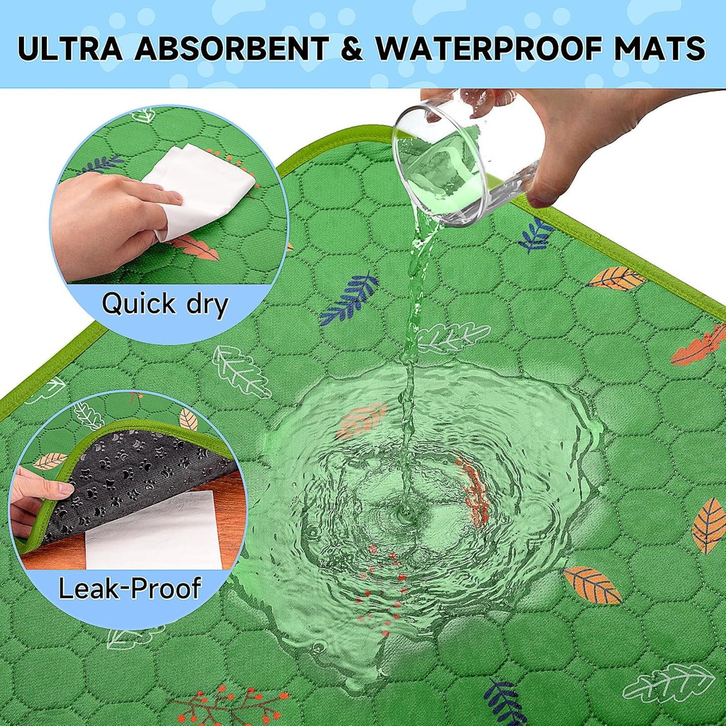 Sunheir Washable Pee Pads for Dogs Large 48" x 48" 2-Pack Reusable Puppy Pads Pet Training Pads, Absorb Dog Mats, Whelping Pad, Non-Slip Protects Against Urine Leakage (Leaves - Green, 48x48)