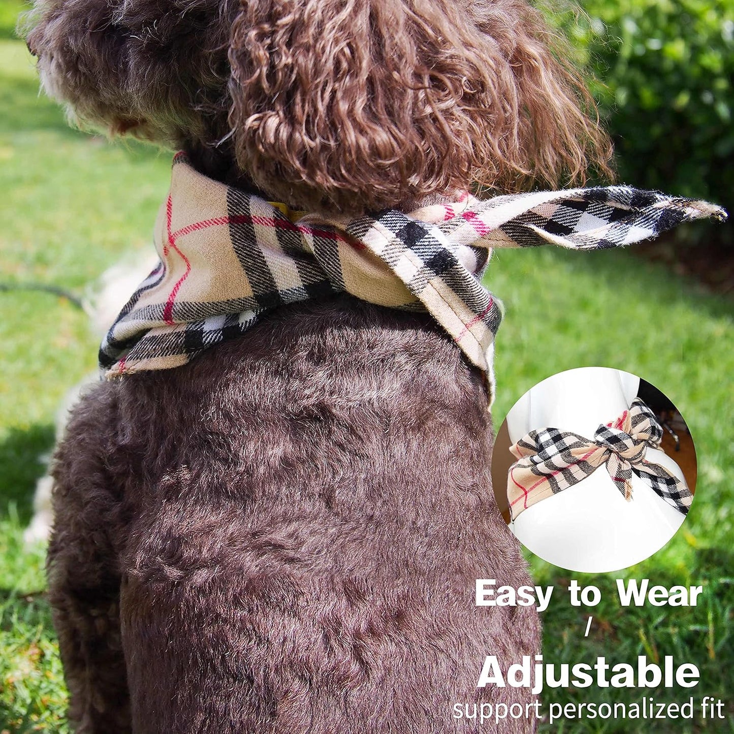 Adjustable Plaid Dog Bandanas,1PC Soft Washable Cotton Triangle Bib Kerchief Scarfs for Small Medium Large Dogs and Cats (Brown&Blue, Large)