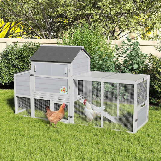 COZIWOW 82" Large Wooden Chicken Coop, Outdoor Rabbit Hutch, Guinea Pig Pet House with Wheels, Sunshine Board, Asphalt Roof, Ramp, Openable Top, Door, Window, Pull-Out Tray, Indoor Bunny Cage (Gray)